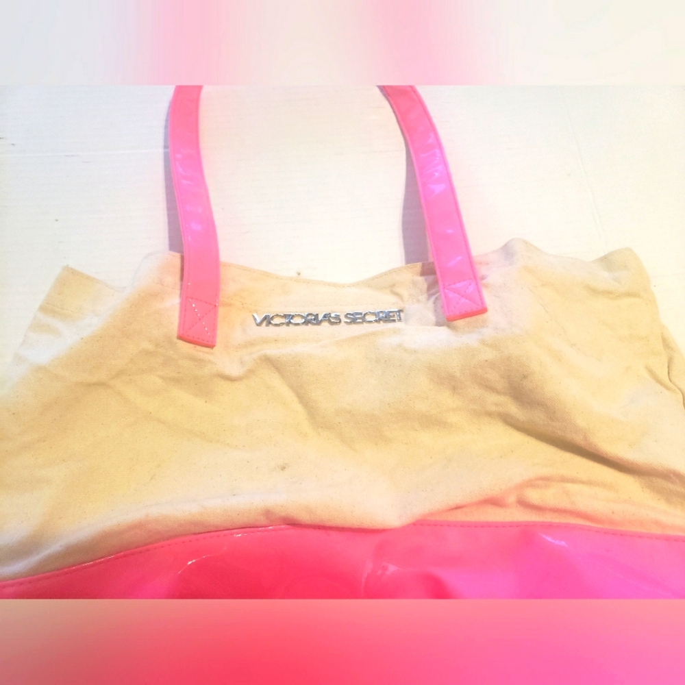 Victoria's Secret 2014 Canvas & Faux Leather Tote Handbag Pink & Beige